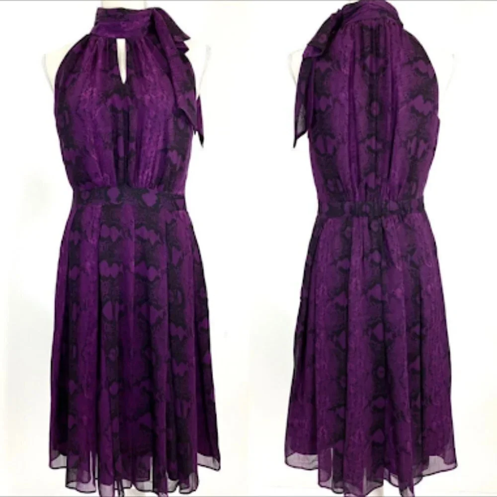 White House Black Market Purple A-line Bow Neck Dress